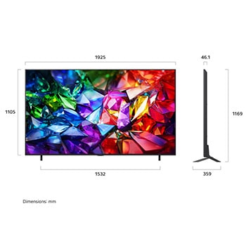 LG Micro RGB evo AI MRGB95 shown in front and side views highlights a 100-inch display with a 2230 mm-wide screen, 1277 mm screen height, 1374 mm height with stand, a 49.9 mm depth, and a stand footprint measuring 1725 by 415 mm.